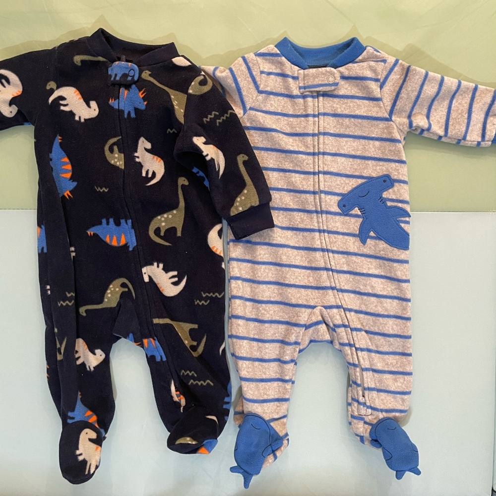 Carter’s Baby Fleece Sleep N’ Play Blue Dinosaur/Grey Strips 0-3 Months